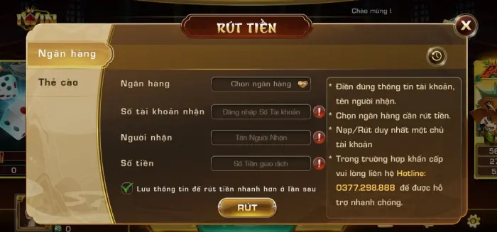 Rút tiền qua tài khoản ngân hàng